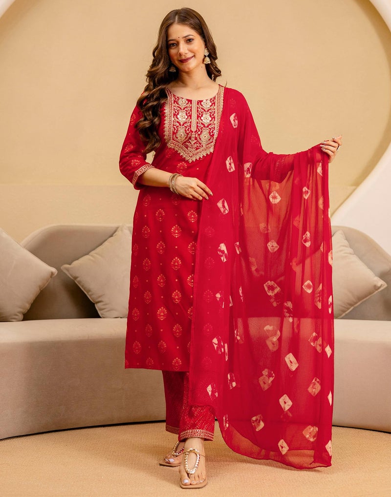 SIRIL Women's Cotton Sequence Embroidery and Foil Printed Straight Kurta with Pant & Dupatta (256KBD2694-S_Red) - Image 4