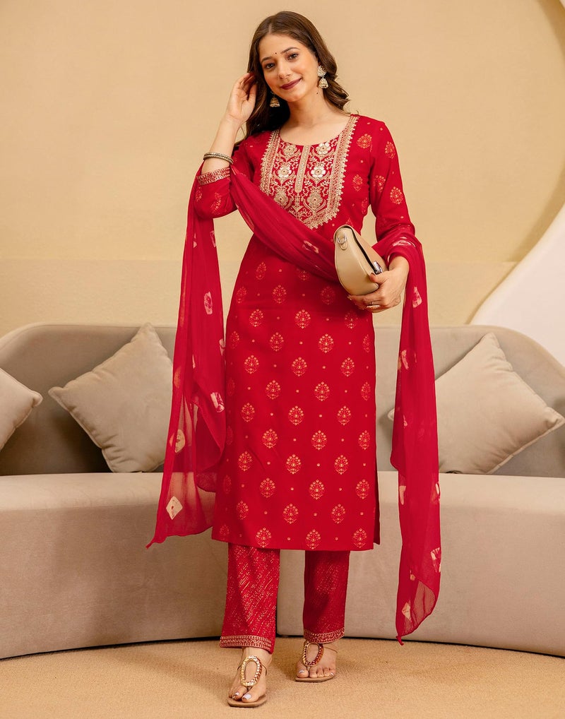 SIRIL Women's Cotton Sequence Embroidery and Foil Printed Straight Kurta with Pant & Dupatta (256KBD2694-S_Red) - Image 3