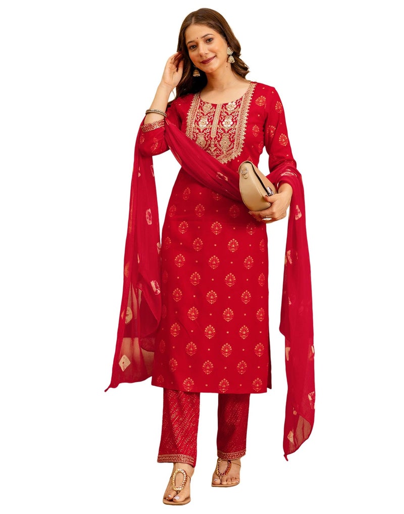 SIRIL Women's Cotton Sequence Embroidery and Foil Printed Straight Kurta with Pant & Dupatta (256KBD2694-S_Red) - Image 1