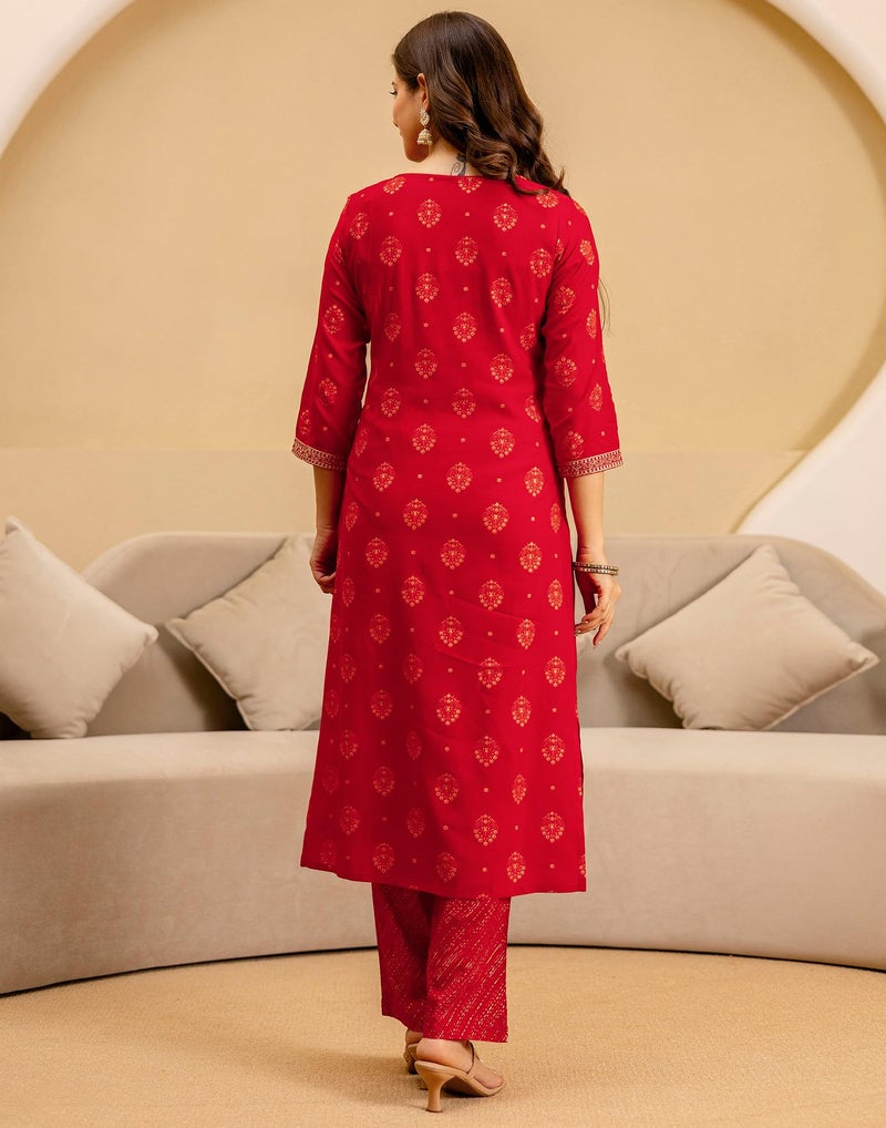 SIRIL Women's Cotton Sequence Embroidery and Foil Printed Straight Kurta with Pant & Dupatta (256KBD2694-S_Red) - Image 2