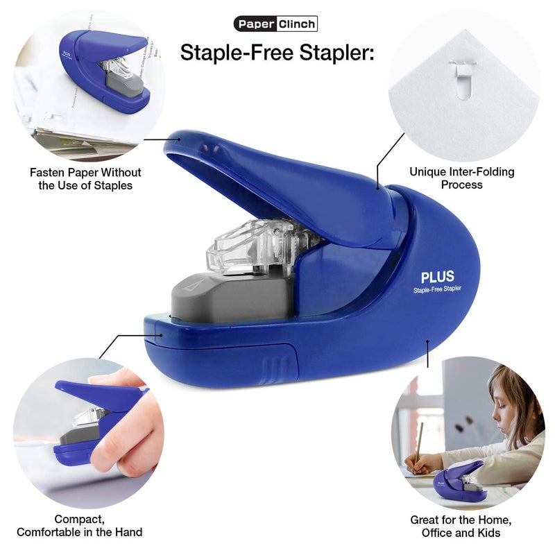 Plus Paper Clinch Compact Staple-Free Stapler, Blue - Image 2