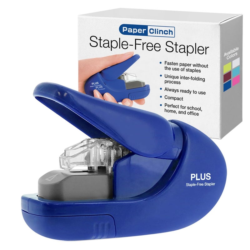 Plus Paper Clinch Compact Staple-Free Stapler, Blue - Image 1