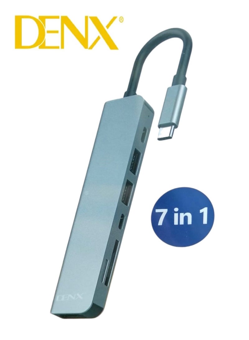 Denx 7In1 USB-C To HDTV Hub With 2 USB A And 1 Type C PD 20 Amp 87W Data Transfer Ports Fast Charging HDMI High-Resolution 4K At 60Hz Port 2 Card Reader For SD-TF Silver  - Image 1