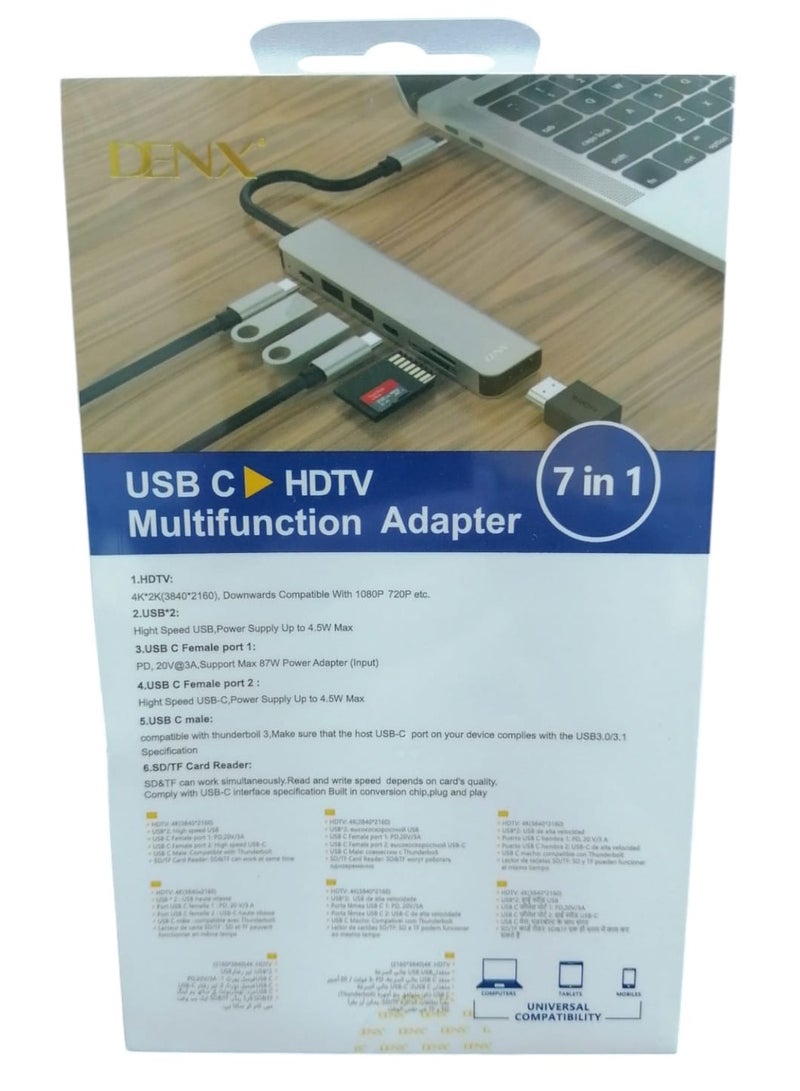 Denx 7In1 USB-C To HDTV Hub With 2 USB A And 1 Type C PD 20 Amp 87W Data Transfer Ports Fast Charging HDMI High-Resolution 4K At 60Hz Port 2 Card Reader For SD-TF Silver  - Image 4
