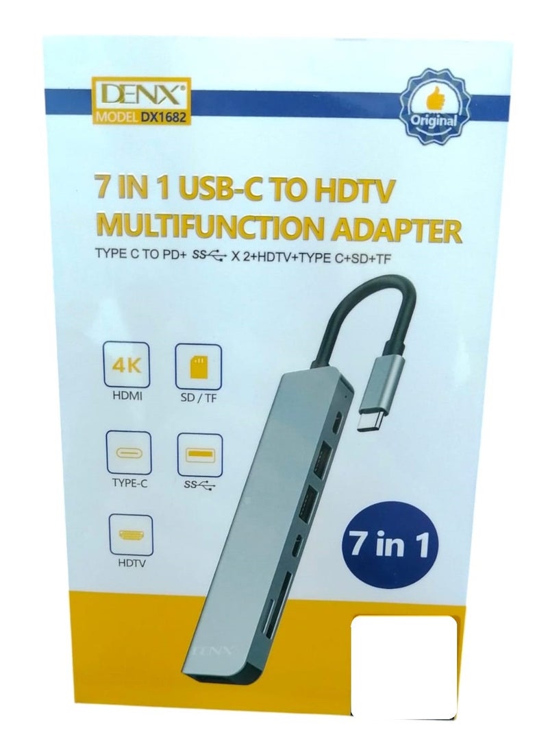 Denx 7In1 USB-C To HDTV Hub With 2 USB A And 1 Type C PD 20 Amp 87W Data Transfer Ports Fast Charging HDMI High-Resolution 4K At 60Hz Port 2 Card Reader For SD-TF Silver  - Image 2
