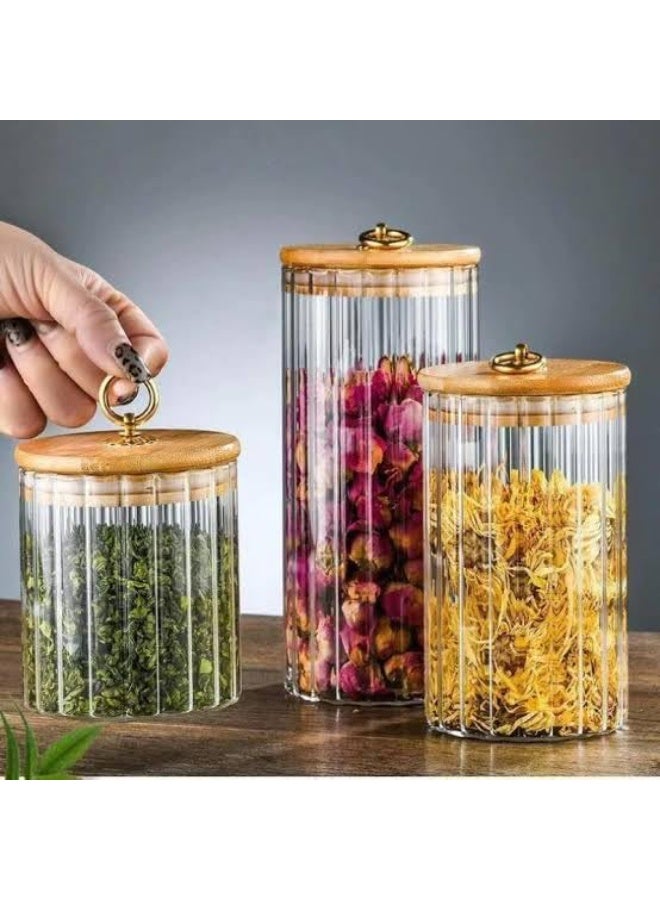 Glass storage jars with wooden lids, 3 pieces, striped design, gold ring, airtight kitchen containers - Image 1