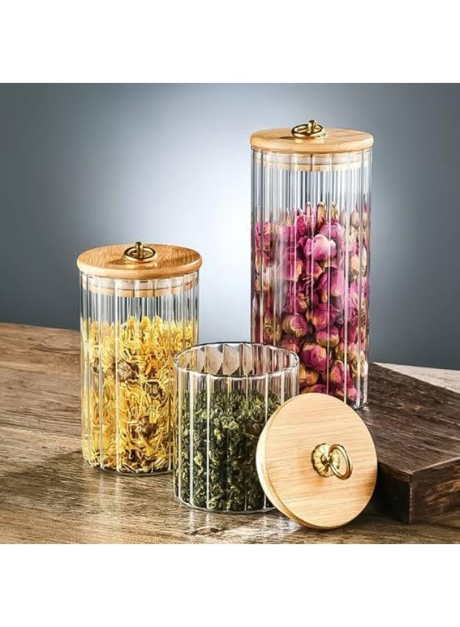 Glass storage jars with wooden lids, 3 pieces, striped design, gold ring, airtight kitchen containers - Image 4