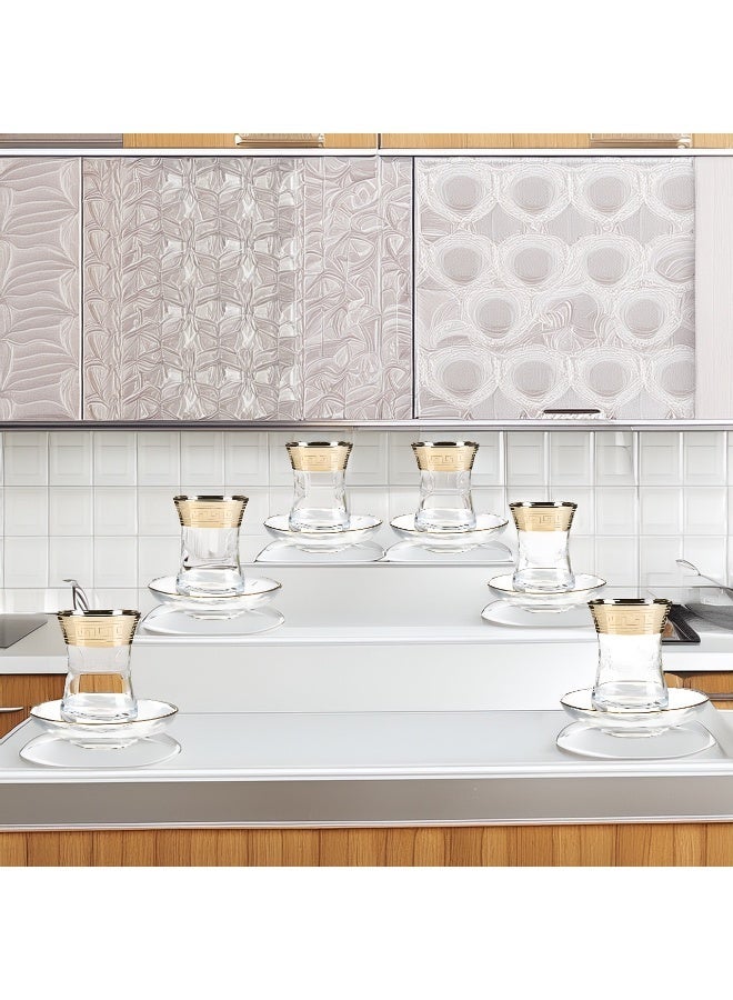 BYART A set of 6 coffee and tea cups and saucers made of glass with golden rims and designs on the top and bottom. Made in Turkey. - Image 3