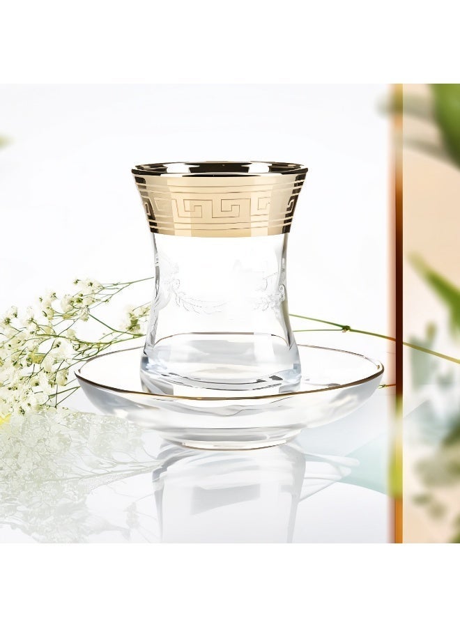 BYART A set of 6 coffee and tea cups and saucers made of glass with golden rims and designs on the top and bottom. Made in Turkey. - Image 1