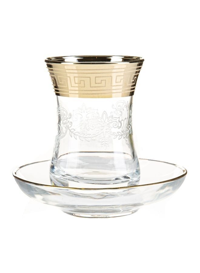 BYART A set of 6 coffee and tea cups and saucers made of glass with golden rims and designs on the top and bottom. Made in Turkey. - Image 5