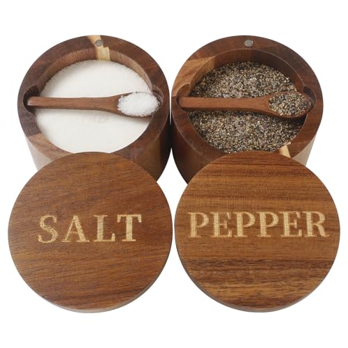 Timtopno Salt Cellar Elegant Salt and Pepper Set 2PCS Acacia Wood Salt Container with Builtin Spoon Swivel Lid Engraved SALT PEPPER Box Salt Holder for Countertop Seasoning Storage - Image 1