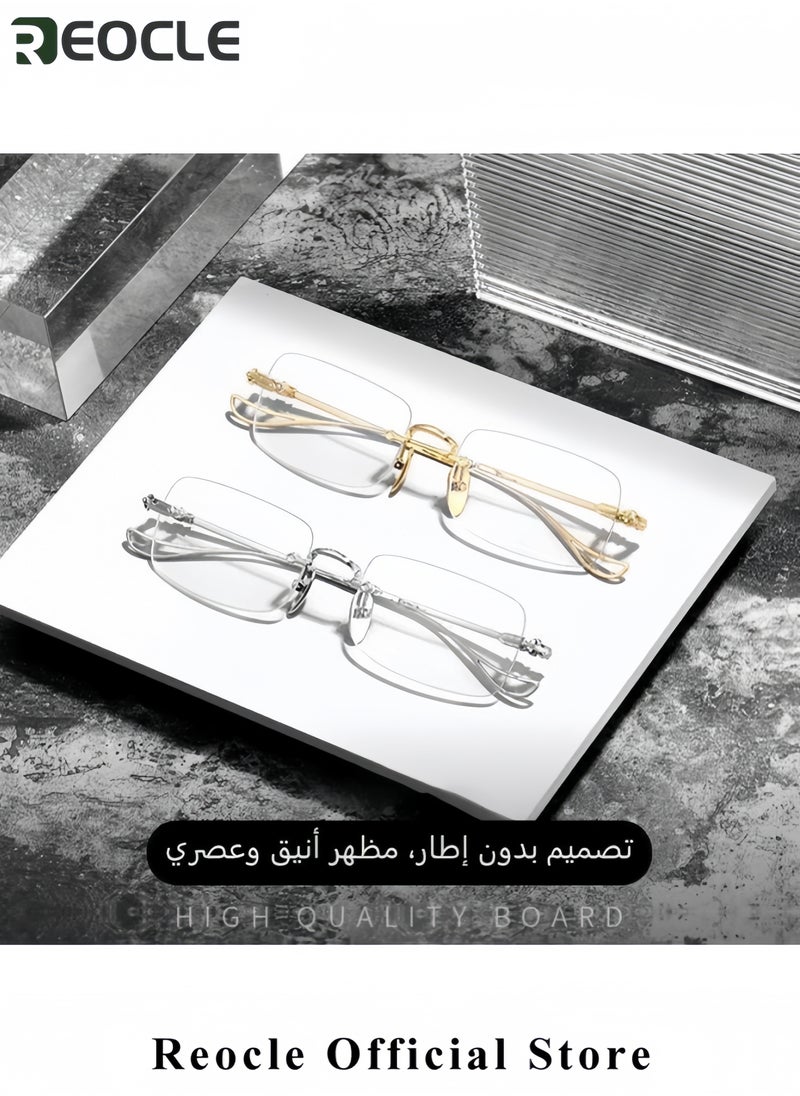 REOCLE Rimless Reading Glasses Men Women Anti-Blue Ultra Light Frameless Reading Glasses Reading Aid Visual Aid Workplace Glasses Anti Fatigue Glasses with Strength for the Elderly Sliver  - Image 2