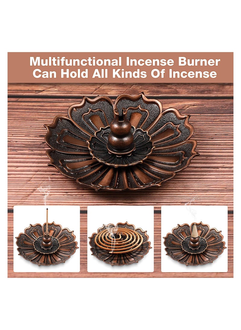 SYOSI Lotus Stick Incense Burner, SYOSI Incense Holder, Inscent Burner Disc for Stick, Coil, Cone Incense with Ash Catcher, Mini Multipurpose Alloy Sandalwood Incense Burner (Brown, Two)  - Image 5