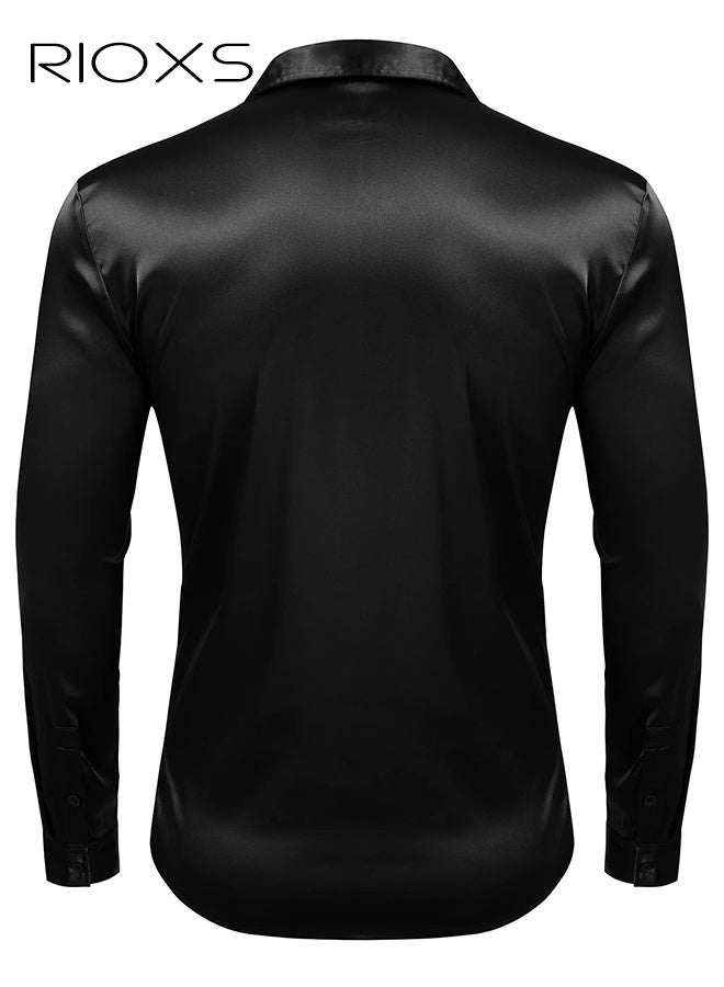 ريوكس قميص فستان رجالي فاخر من الحرير اللامع مثل الساتان بأكمام طويلة كاجوال بأزرار ضيقة ذات أكمام طويلة وقميص فستان أسود متعدد الاستخدامات طوال الموسم، قميص رسمي لضيوف حفل الزفاف، ملابس مناسبة لحفلات العشاء - Image 3