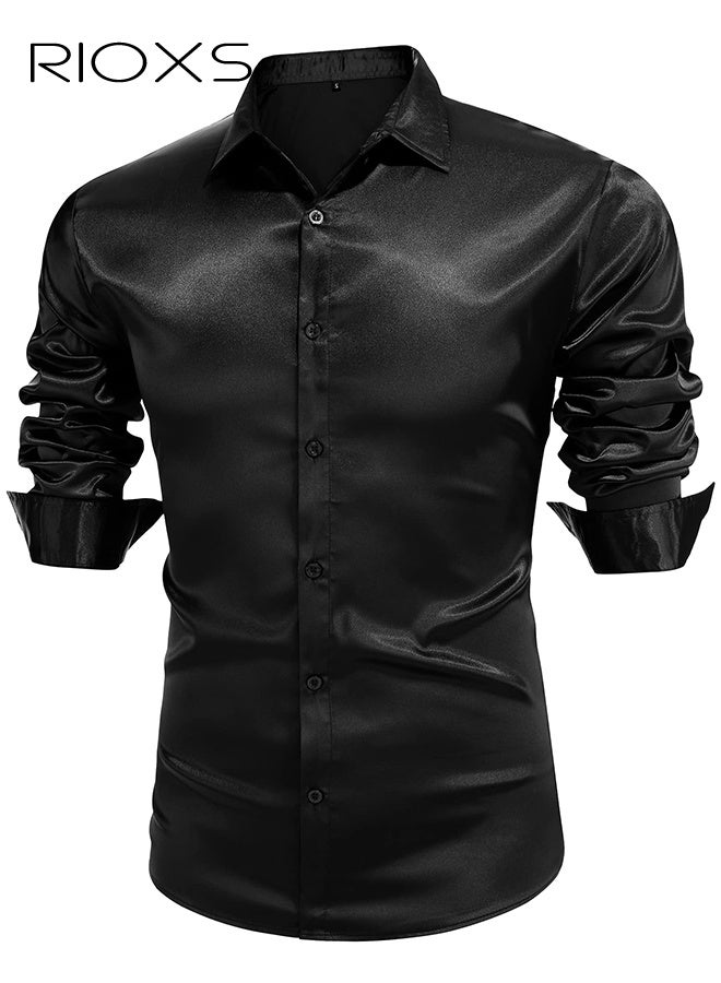 ريوكس قميص فستان رجالي فاخر من الحرير اللامع مثل الساتان بأكمام طويلة كاجوال بأزرار ضيقة ذات أكمام طويلة وقميص فستان أسود متعدد الاستخدامات طوال الموسم، قميص رسمي لضيوف حفل الزفاف، ملابس مناسبة لحفلات العشاء - Image 2