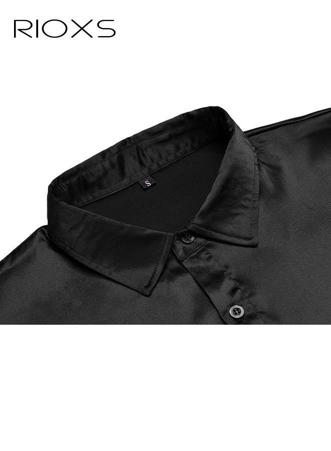 ريوكس قميص فستان رجالي فاخر من الحرير اللامع مثل الساتان بأكمام طويلة كاجوال بأزرار ضيقة ذات أكمام طويلة وقميص فستان أسود متعدد الاستخدامات طوال الموسم، قميص رسمي لضيوف حفل الزفاف، ملابس مناسبة لحفلات العشاء - Image 4