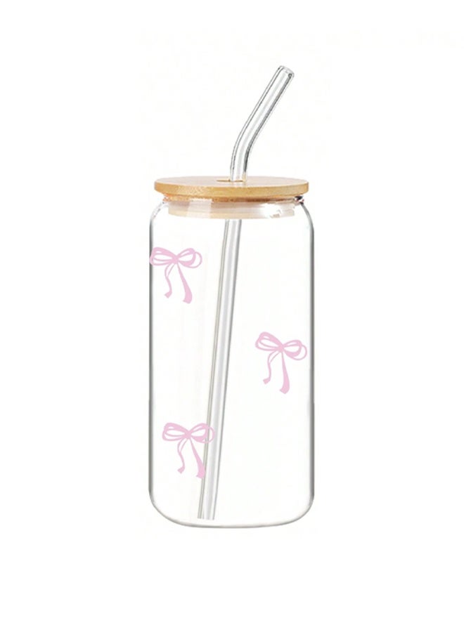 1pcs, bowknot glass cup with bamboo lid and glass straw (7.5cm*7.5cm*15.3cm), drinking glass cup with bamboo lid, suitable for cola, coffee, beer, and any occasion, a great gift. - Image 2