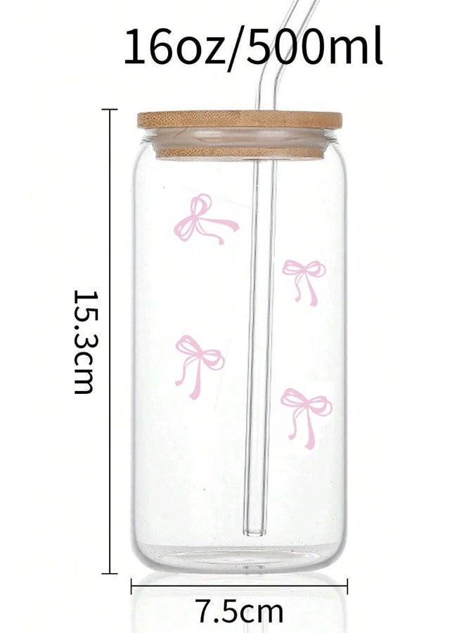 1pcs, bowknot glass cup with bamboo lid and glass straw (7.5cm*7.5cm*15.3cm), drinking glass cup with bamboo lid, suitable for cola, coffee, beer, and any occasion, a great gift. - Image 3