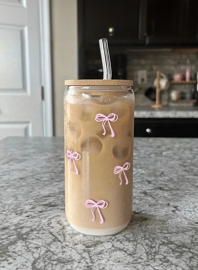 1pcs, bowknot glass cup with bamboo lid and glass straw (7.5cm*7.5cm*15.3cm), drinking glass cup with bamboo lid, suitable for cola, coffee, beer, and any occasion, a great gift. - Image 1