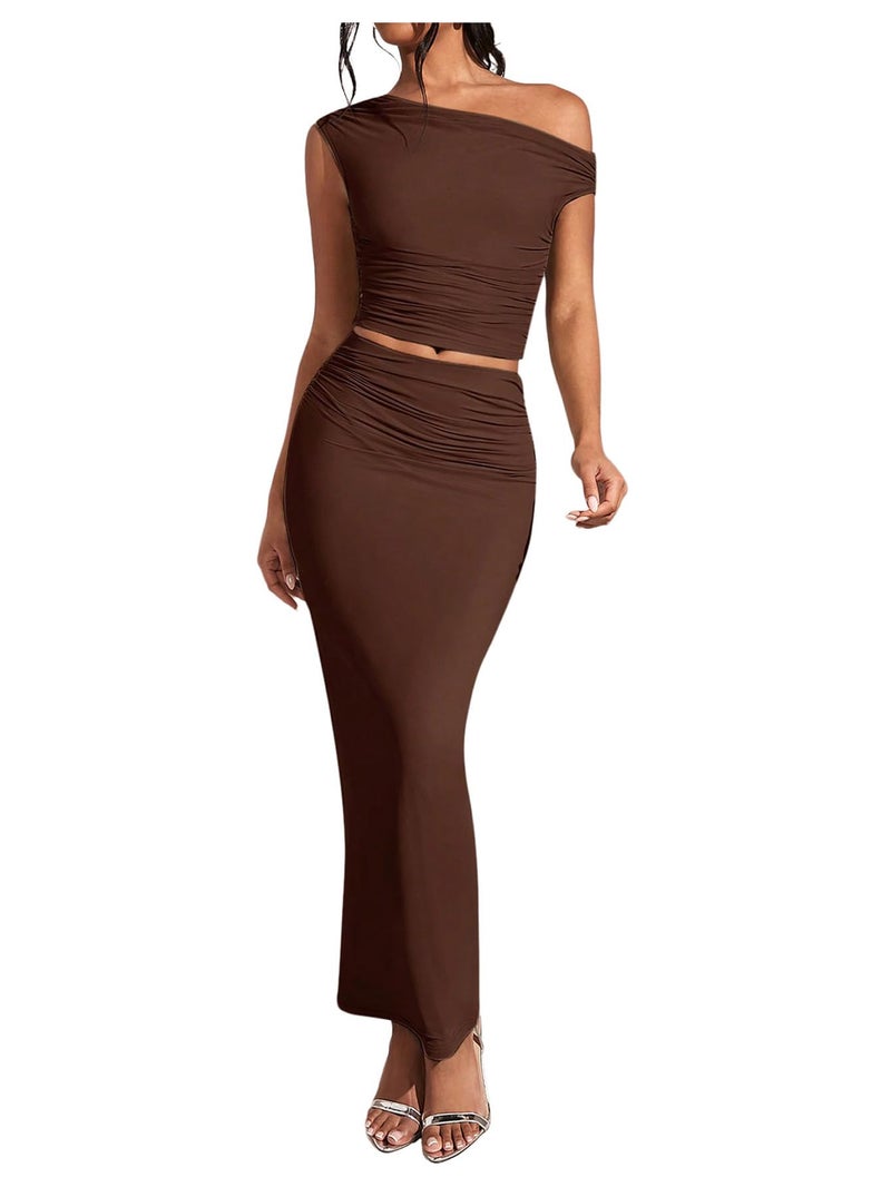 WDIRARA Women's Solid Asymmetrical Neck Two Piece Set One Shoulder Bodycon Maxi Skirt Set Coffee Brown Large - Image 1