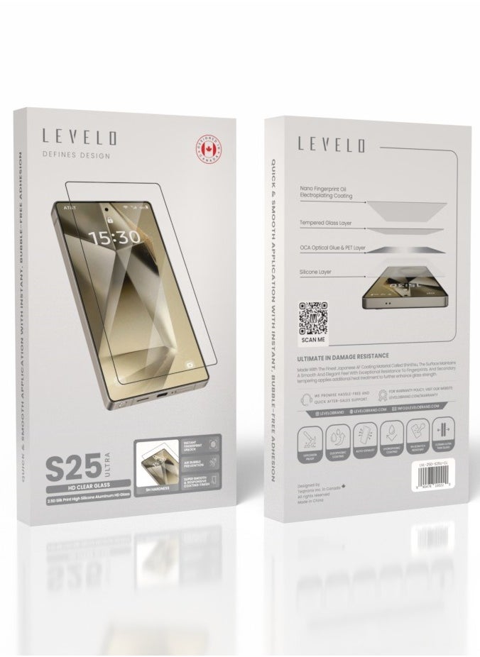 LEVELO S25 Ultra Screen Protector / 2.5D Silk Print High Silicon Aluminum Glass AR / Oleophobic and Hydrophobic Coating / Instant Fingerprint Unlock / Air Bubble Prevention / Super Smooth & Responsive Coating Finish - Clear  - Image 2