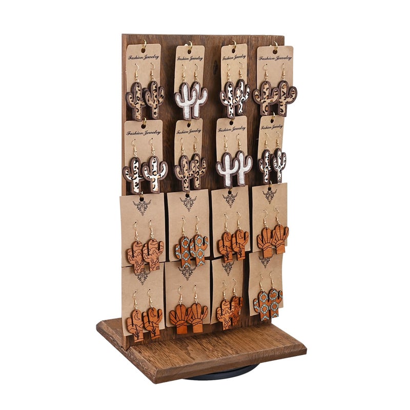 Ikee Design Wooden Rotating Two-Sided Jewelry Display Stand, Rotating Organizer with 32 Hooks for Store, Earring Keychain Display with Hooks, Brown color, 9 W x 7.5 D x 16.5 H in - Image 1