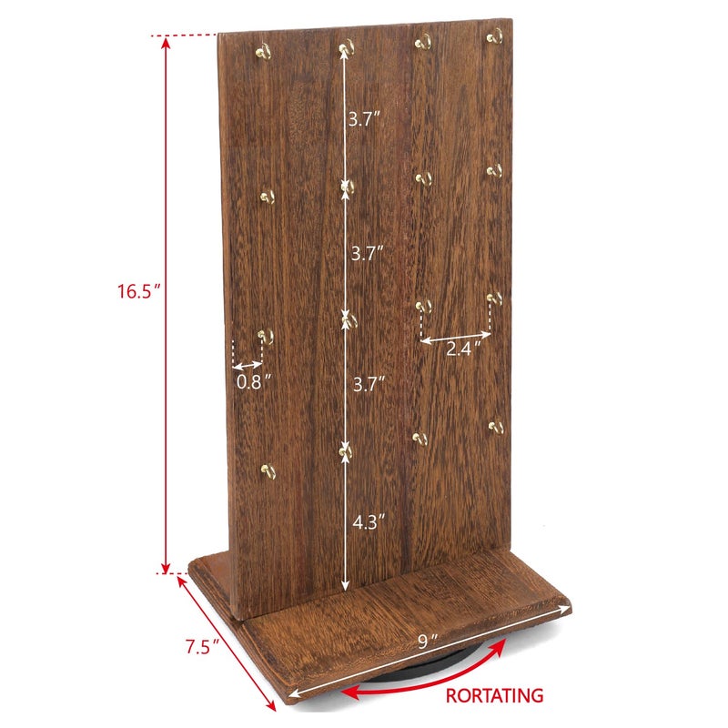 Ikee Design Wooden Rotating Two-Sided Jewelry Display Stand, Rotating Organizer with 32 Hooks for Store, Earring Keychain Display with Hooks, Brown color, 9 W x 7.5 D x 16.5 H in - Image 2