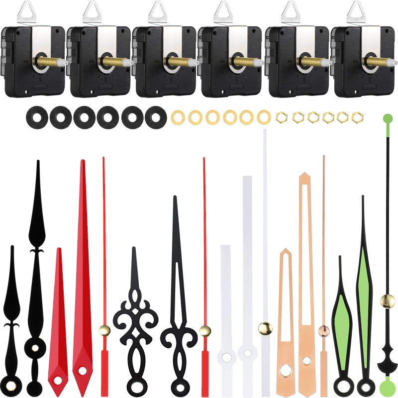 Mudder 6 Pieces High Torque Long Shaft Clock Movement Mechanism with Pasters, Hooks and 6 Different Pairs of Hands Clock Repair Parts Replacement (28 mm/ 1.10 Inches) - Image 1