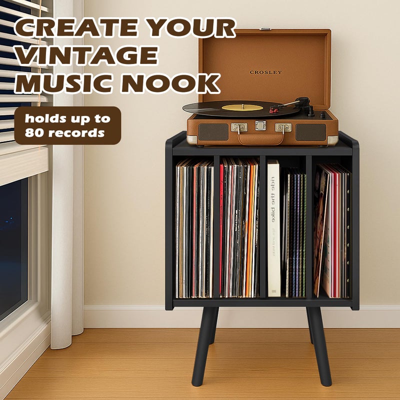montex Record Player Stand, Vinyl Record Storage Table with 4 Cabinet, Mid Century Modern Turntable Stand, Organizer Vinyl Table for Bedroom Living Room(Black) - Image 2