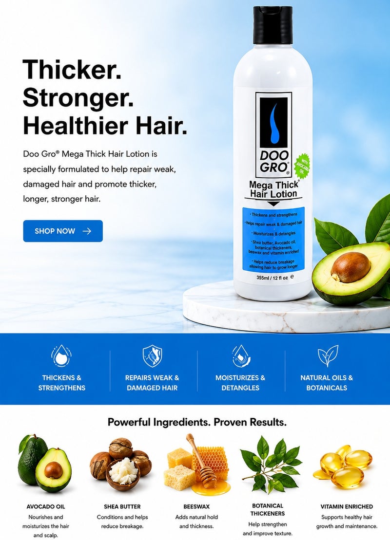 DOO GRO Mega Thick Hair Lotion with Avocado Oil 355ml | Hair Thickening & Strengthening Leave-In Lotion for Weak, Damaged & Dry Hair - Image 2