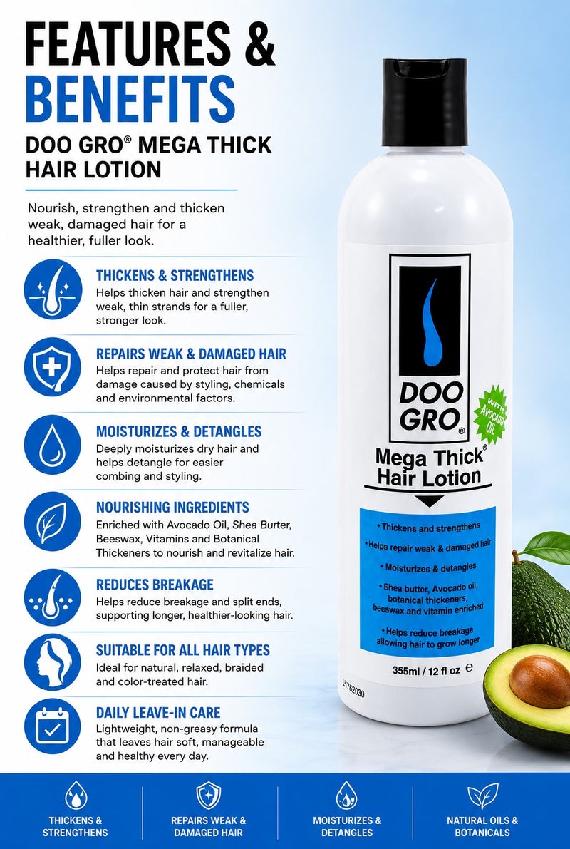 DOO GRO Mega Thick Hair Lotion with Avocado Oil 355ml | Hair Thickening & Strengthening Leave-In Lotion for Weak, Damaged & Dry Hair - Image 3