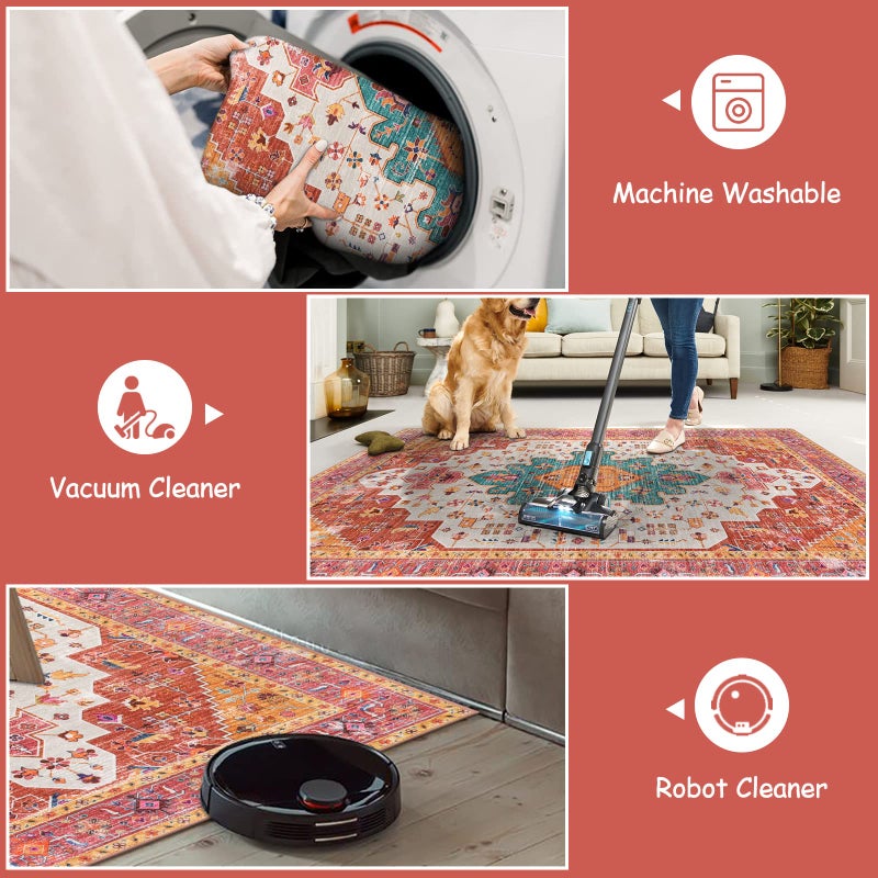 Moynesa Ultra-Thin Washable Vintage Area Rug - 5x7 Large Bedroom Boho Non-Slip Non-Shedding Living Room Mat Oriental Medallion Floor Carpet for Kids Nursery Room Office, Pink/Teal/Multi - Image 3