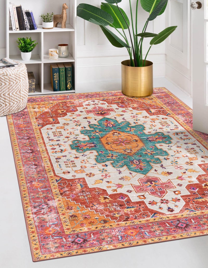 Moynesa Ultra-Thin Washable Vintage Area Rug - 5x7 Large Bedroom Boho Non-Slip Non-Shedding Living Room Mat Oriental Medallion Floor Carpet for Kids Nursery Room Office, Pink/Teal/Multi - Image 1