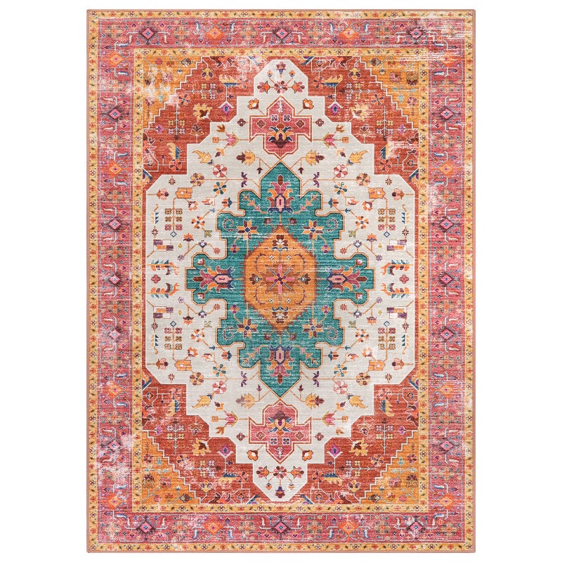 Moynesa Ultra-Thin Washable Vintage Area Rug - 5x7 Large Bedroom Boho Non-Slip Non-Shedding Living Room Mat Oriental Medallion Floor Carpet for Kids Nursery Room Office, Pink/Teal/Multi - Image 5