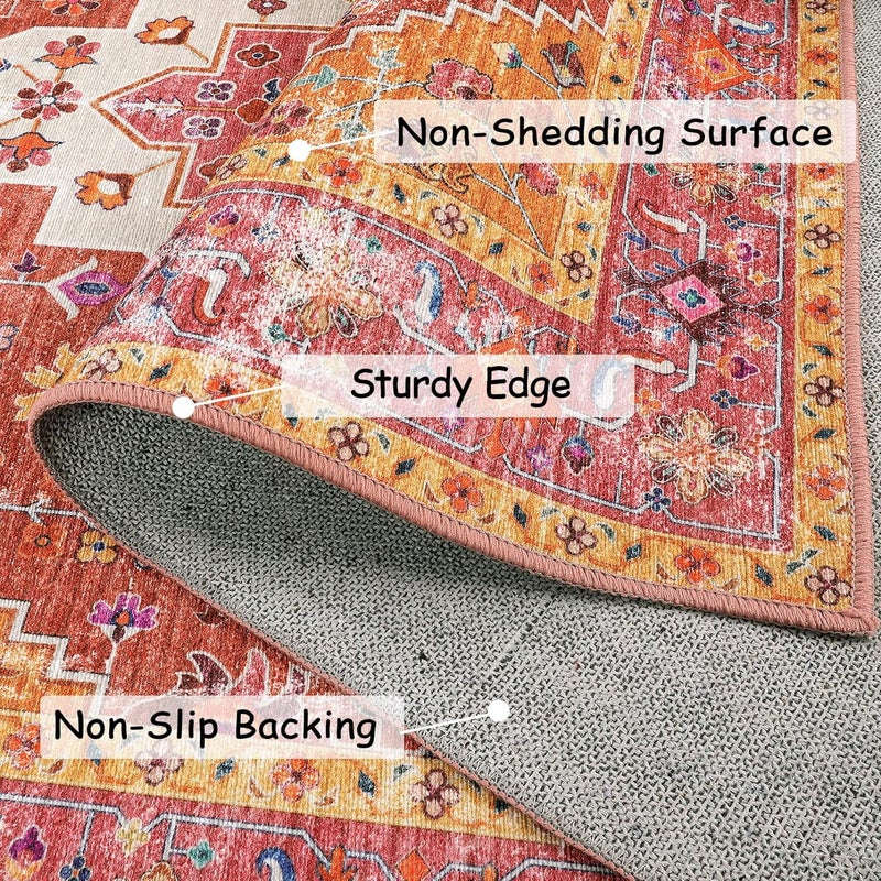 Moynesa Ultra-Thin Washable Vintage Area Rug - 5x7 Large Bedroom Boho Non-Slip Non-Shedding Living Room Mat Oriental Medallion Floor Carpet for Kids Nursery Room Office, Pink/Teal/Multi - Image 2