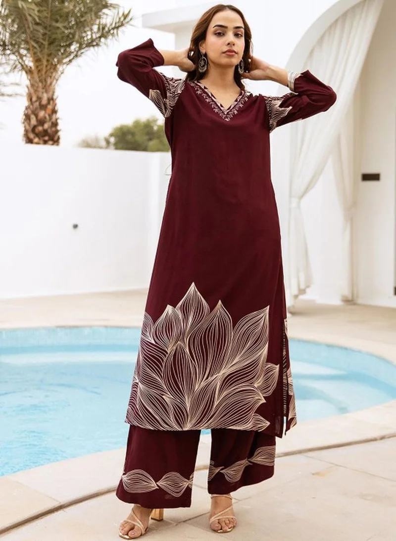 ISHIN Women's Wine German Rayon Self Designed Tunic Upper Full Length Palazzo Bottom Regular Fit 2 Piece Kurta Set