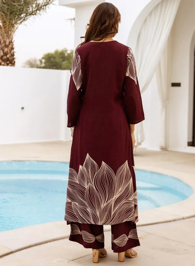 ISHIN Women's Wine German Rayon Self Designed Tunic Upper Full Length Palazzo Bottom Regular Fit 2 Piece Kurta Set