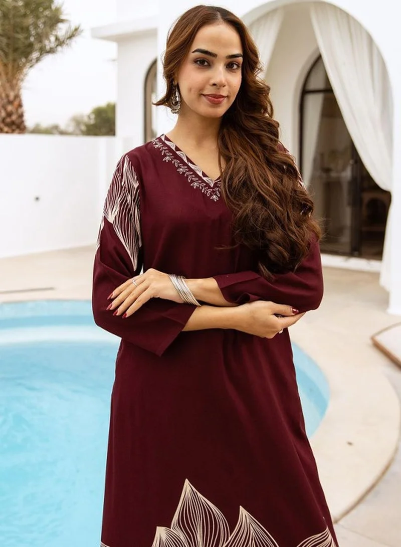 ISHIN Women's Wine German Rayon Self Designed Tunic Upper Full Length Palazzo Bottom Regular Fit 2 Piece Kurta Set