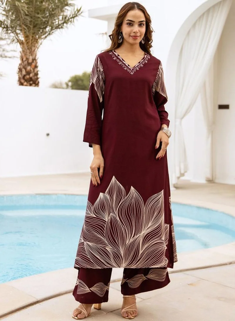 ISHIN Women's Wine German Rayon Self Designed Tunic Upper Full Length Palazzo Bottom Regular Fit 2 Piece Kurta Set