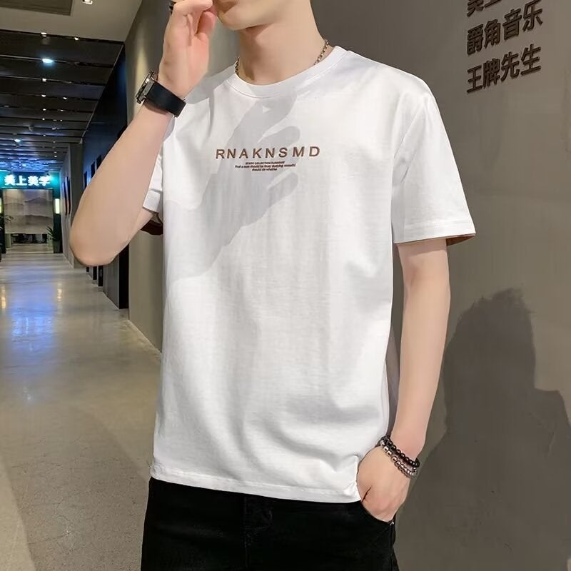 Summer Short-Sleeved T-Shirt Men'S Letters Trendy Brand Fashionable Summer Clothing Boys Ice Silk Thin Half-Sleeved T-Shirt - Image 1