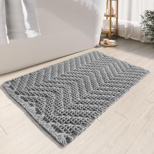 BULULOM Bath Rugs,Upgraded Waffle Bath Mat,Super Absorbent Boho Bath Rug Non Slip Bath Rugs,Machine Washable Rugs, Rubber Backed Shower Matt, Ultra Soft,Gray,18" x 30" - Image 1