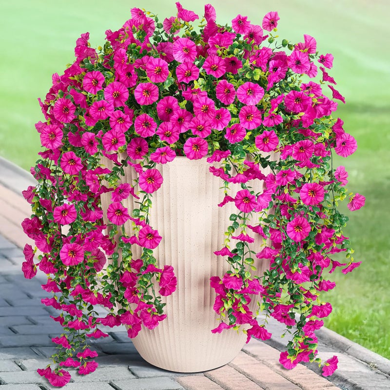 Hrobek Artificial Hanging Flowers for Outdoor, 2pcs Fake Plants Long Vine Morning Glory Eucalyptus, UV Resistant Realistic Faux Greenery Indoor Outside Patio Porch Garden Spring Decor, Light Purple - Image 1