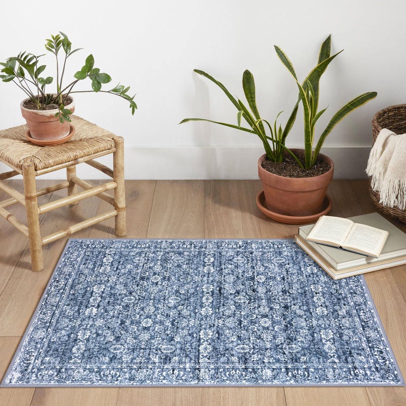 SIILOOM 2x3 Washable Rugs for Entrance, Blue Soft Distressed Floral Area Rug, Non-Slip Low-Pile Doormat for Entryway, Dorm, Bedside, Foyer, Indoor Door Mat - Image 2