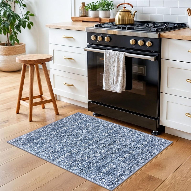 SIILOOM 2x3 Washable Rugs for Entrance, Blue Soft Distressed Floral Area Rug, Non-Slip Low-Pile Doormat for Entryway, Dorm, Bedside, Foyer, Indoor Door Mat - Image 3