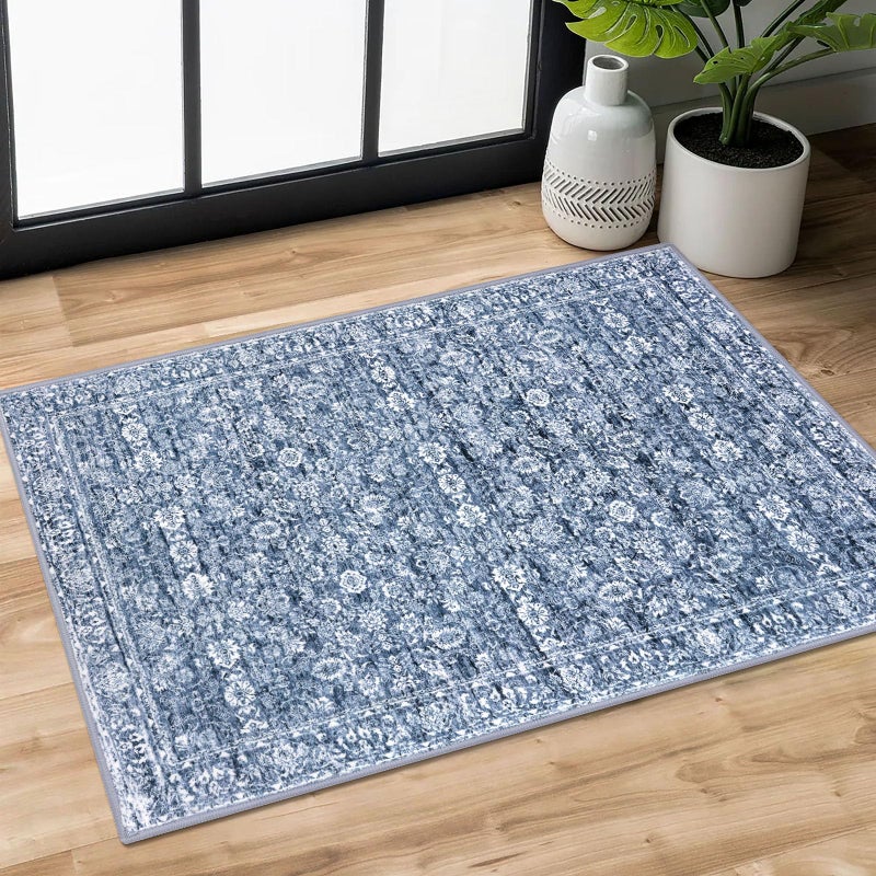 SIILOOM 2x3 Washable Rugs for Entrance, Blue Soft Distressed Floral Area Rug, Non-Slip Low-Pile Doormat for Entryway, Dorm, Bedside, Foyer, Indoor Door Mat - Image 1
