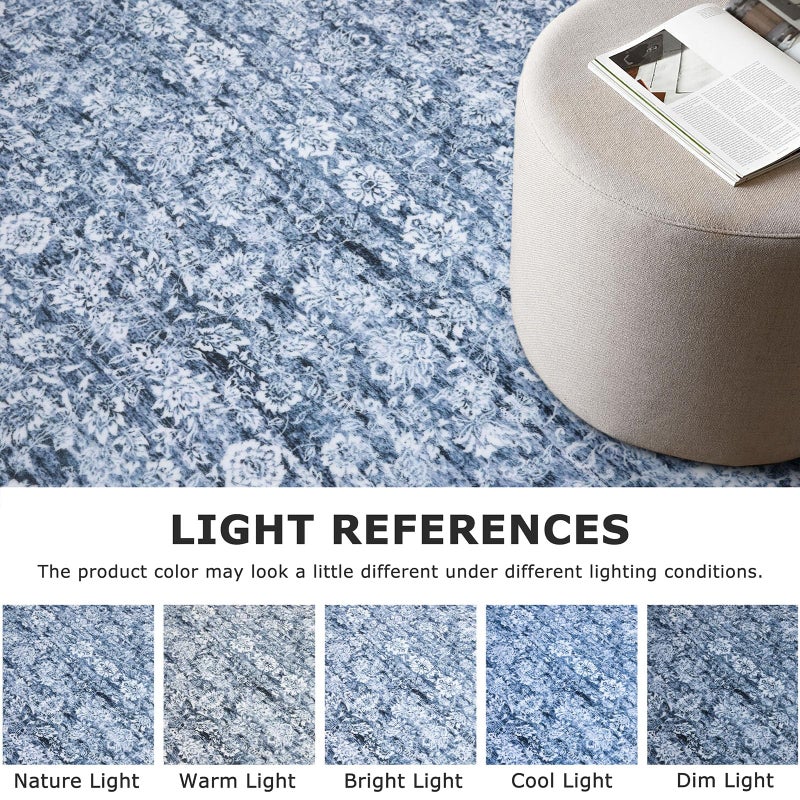 SIILOOM 2x3 Washable Rugs for Entrance, Blue Soft Distressed Floral Area Rug, Non-Slip Low-Pile Doormat for Entryway, Dorm, Bedside, Foyer, Indoor Door Mat - Image 4