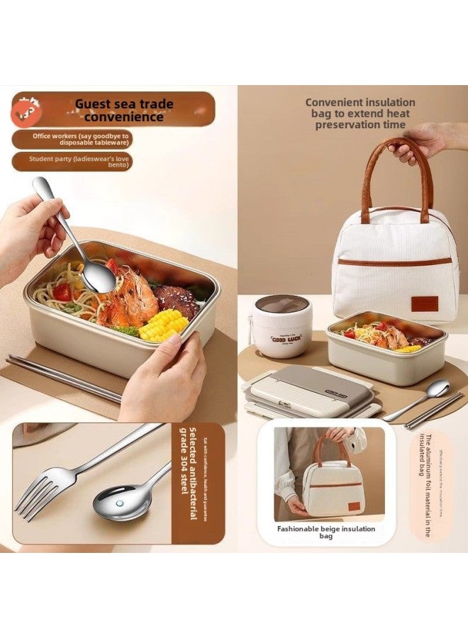 Fresh-Keeping Box With Lid Lunch Box Microwave-Heatable Portable Lunch Box With Meal For Office Workers-Specifications: Beige 1.3l + Tableware + Bag-Color:No Specifications-