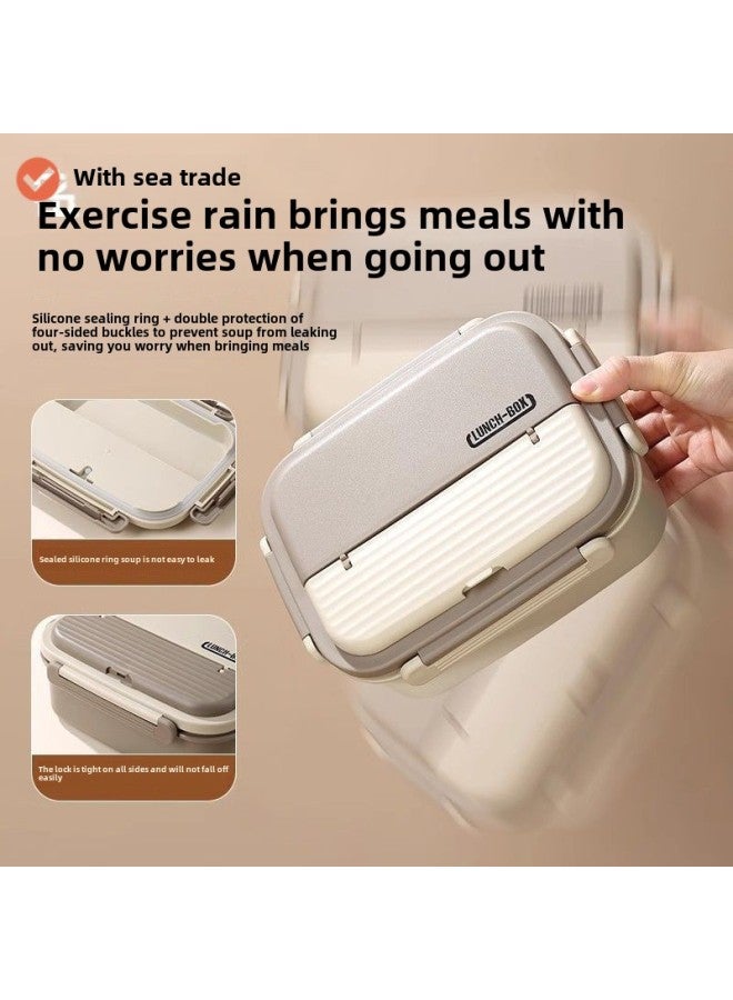 Fresh-Keeping Box With Lid Lunch Box Microwave-Heatable Portable Lunch Box With Meal For Office Workers-Specifications: Beige 1.3l + Tableware + Bag-Color:No Specifications-