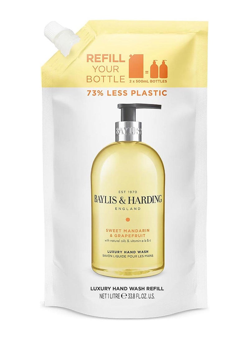 Baylis & Harding Sweet Mandarin and Grapefruit Hand Wash Refill Pouch, 1 Litre | Enriched with Natural Oils and Vitamins A, B and C | Moisturising and Nourishing Liquid Hand Soap | Vegan and Cruelty-Free | Eco Refill Pack - Image 1