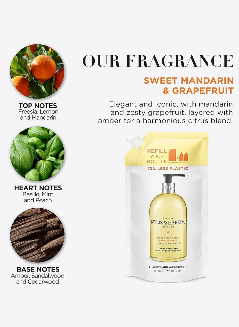 بايليس & هاردينج عبوة إعادة تعبئة غسول اليدين برائحة اليوسفي والجريب فروت الحلوة، 1 لتر | غني بالزيوت الطبيعية والفيتامينات أ، ب، ج | صابون سائل مرطب ومغذي لليدين | نباتي ولم يُختبر على الحيوانات | عبوة إعادة تعبئة صديقة للبيئة